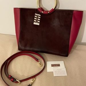 NWT Henri Bendel leather & calfhair handbag w/ adj det sh strap.